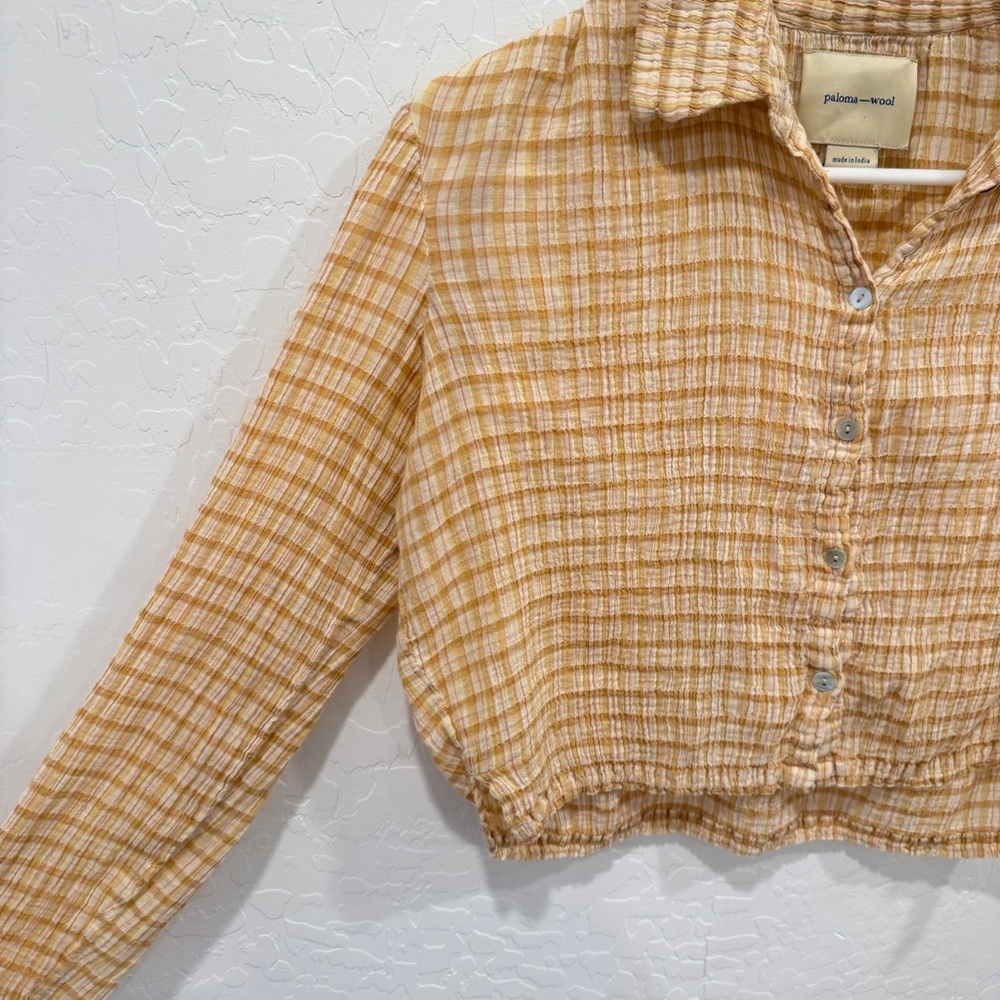 Paloma Wool Plaid Blouse Womens Tan Cream Textured Button Front Cotton Cropped - Picture 5 of 8